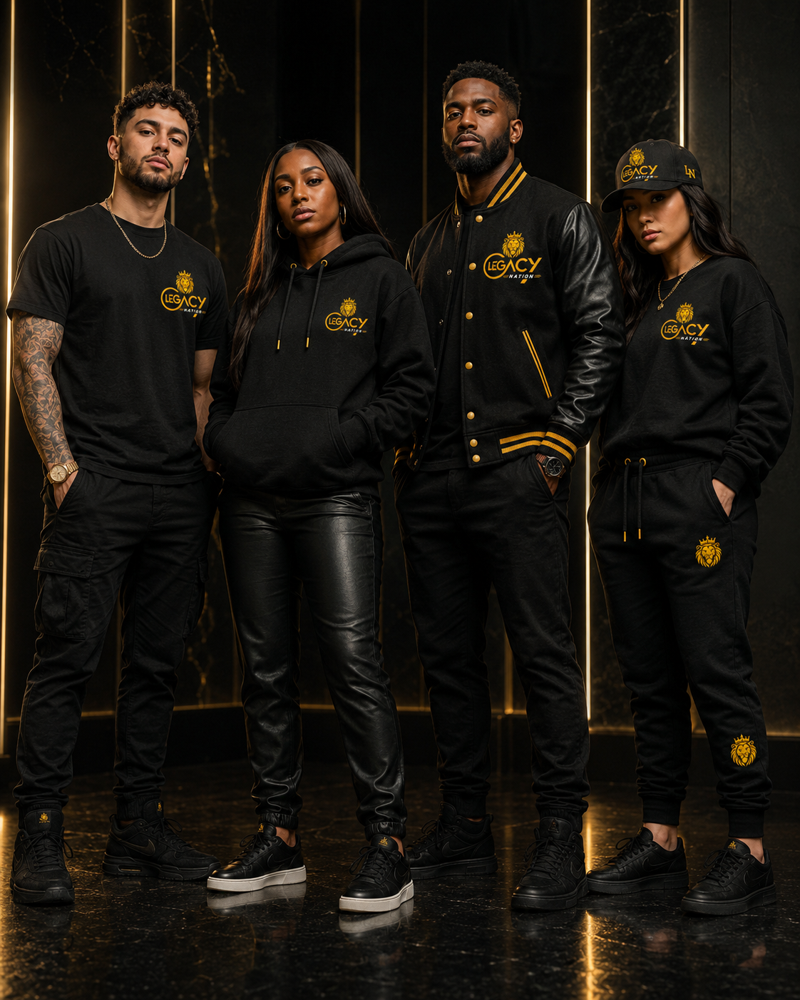 Four Legacy Nation community members wearing branded apparel